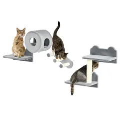 PawHut 4PCs Wall-Mounted Cat Tree, with Steps, Perch, Cat House - Grey - 9