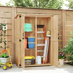 Outsunny Wooden Garden Storage Shed, Tool Storage Cabinet with Asphalt Roof and 2 Shelves for Garden Tools, Equipment, Outdoor Tool Shed with Double Doors, Natural - 8