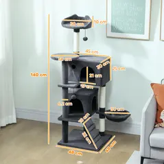 PawHut 140cm Large Cat Tree Tower with Sisal Scratching Posts, Cat Houses, Plush Perches, Hammock, Ladder, Dark Grey - 3