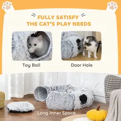 PawHut 2-in-1 Donut Cat Tunnel with Washable Bed, Play Tunnel Bed with Toy Ball and Door Hole for Indoor Cats, Light Grey - 6