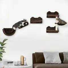 PawHut 4PCs Wall-Mounted Cat Shelves w/ Scratching Post, Hammock, Nest - Brown - 2