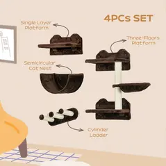 PawHut 4PCs Wall-Mounted Cat Shelves w/ Scratching Post, Hammock, Nest - Brown - 5