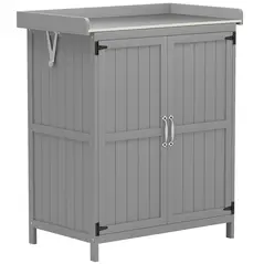 Outsunny Wooden Garden Shed, Garden Tool Storage Shed with Hinged Roof and Shelf, Outdoor Storage Cabinet with Double Doors, Grey - 1