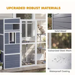 PawHut 4-Tier Wooden Catio Cat Outdoor Enclosure with Sun Roof, Resting Rooms, 3 Platforms, Window Outdoor Indoor, Grey - 8