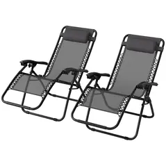 Outsunny Zero Gravity Chair Set of 2, Metal Frame Texteline Armchair Outdoor Folding and Reclining Sun Lounger with Head Pillow for Patio Decking Gardens Camping, Grey - 1