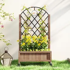 Outsunny Wooden Planter, with Metal Trellis - Brown/Black - 8