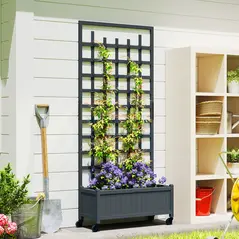 Outsunny Wooden Trellis Planter, Raised Garden Bed with Wheels, to Climb and Grow Vegetables, Herbs and Flowers, Grey - 2