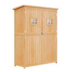 Outsunny Wooden Garden Shed with Two Windows, Tool Storage Cabinet, Outdoor Double Door Organizer 127.5L x 50W x 164H cm, Natural - 1
