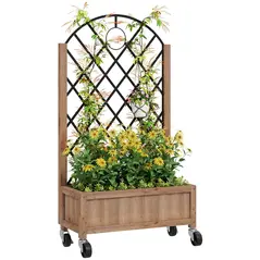 Outsunny Wooden Planter, with Metal Trellis - Brown/Black - 1