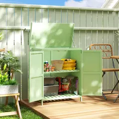 Outsunny Wooden Garden Shed, Garden Tool Storage Shed with Hinged Roof and Shelf, Outdoor Storage Cabinet with Double Doors, Light Green - 2