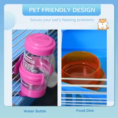 Pawhut 2 Tier Hamster Cage, Gerbil Cage with Handle, Exercise Wheels, Tunnel, Tube, Water Bottle, Dishes, Ladder, for Dwarf, Blue - 5