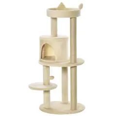 PawHut 104 cm Cat Tree, Cat Condo Tree Tower, Cat Activity Centre with Scratching Posts, Plush Perches, Hanging Ball - Cream White - 1