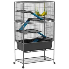 PawHut 5 Levels Rolling Small Animal Cage with Non Slip Ramps, Slide Out 16cm Deep Tray, 88 x 48 x 150.5cm, Dark Grey - 1
