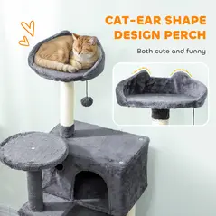 PawHut 140cm Large Cat Tree Tower with Sisal Scratching Posts, Cat Houses, Plush Perches, Hammock, Ladder, Dark Grey - 5