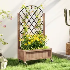 Outsunny Wooden Planter, with Metal Trellis - Brown/Black - 2