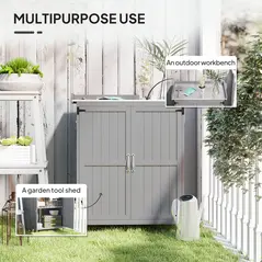 Outsunny Wooden Garden Shed, Garden Tool Storage Shed with Hinged Roof and Shelf, Outdoor Storage Cabinet with Double Doors, Grey - 4