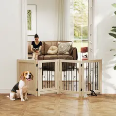 PawHut 4 Panel Freestanding Pet Gate, Indoor Dog Barrier with Lockable Door, Support Feet, 360° Flexible Hinges, Oak - 2