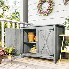 Outsunny Wooden Garden Shed, Outdoor Fir Wood Storage Shed with Shelf and Double Doors, Light Grey - 8