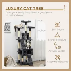 PawHut 173cm Cat Tree Scratching House, Activity Play Centre, Charcoal Grey - 4