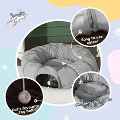 PawHut 2 in 1 Cat Tunnel with Bed, Cat Play Tunnel with Ball & Peek Hole for Indoor Cats, Grey - 7