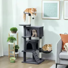 PawHut 140cm Large Cat Tree Tower with Sisal Scratching Posts, Cat Houses, Plush Perches, Hammock, Ladder, Dark Grey - 2