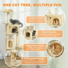 PawHut 180cm Large Cat Tree Tower with Sisal Scratching Posts, Condos, Plush Perches, Hammock, Ladder, Beige - 4