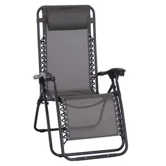 Outsunny Zero Gravity Chair Metal Frame Texteline Armchair Outdoor Folding and Reclining Sun Lounger with Head Pillow for Patio Decking Gardens Camping, Grey - 1