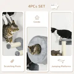 PawHut 4PCs Wall-Mounted Cat Tree, with Steps, Perch, Cat House - Grey - 5