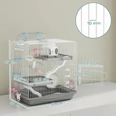 PawHut 3-Tier Hamster Cage with Exercise Wheels, Water Bottle, Food Dish, for Dwarf Hamsters, 45 x 30 x 45 cm, Grey - 3