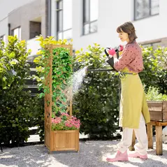 Outsunny Wooden Planter with Corner Trellis, Freestanding Raised Garden Bed with Drainage Bottom, Outdoor Planter Box, Brown - 2