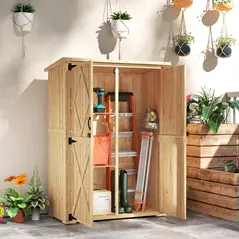 Outsunny Wooden Garden Storage Shed, Tool Storage Cabinet with Asphalt Roof and 2 Shelves for Garden Tools, Equipment, Outdoor Tool Shed with Double Doors, Natural - 2