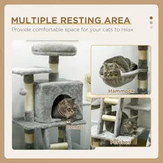 PawHut 132cm Cat Tree with Scratching Post, House, Hammock, Toy Balls - Grey - 4