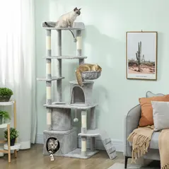 PawHut 170 cm Large Cat Tree, Cat Tower with 7 Scratching Posts, 2 Condos, Hammock,  Light Grey - 2