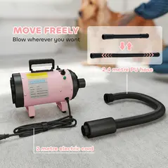 PawHut 2200W Dog Hair Dryer with Adjustable Temperature & Velocity, 3 Different Nozzles, Pink - 7
