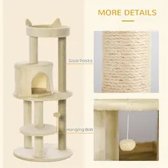 PawHut 104 cm Cat Tree, Cat Condo Tree Tower, Cat Activity Centre with Scratching Posts, Plush Perches, Hanging Ball - Cream White - 5