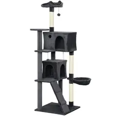 PawHut 180cm Large Cat Tree Tower with Sisal Scratching Posts, Condos, Plush Perches, Hammock, Ladder, Dark Grey - 1