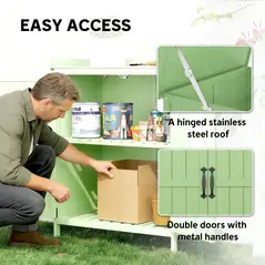 Outsunny Wooden Garden Shed, Garden Tool Storage Shed with Hinged Roof and Shelf, Outdoor Storage Cabinet with Double Doors, Light Green - 5