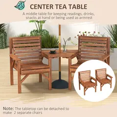 Outsunny Wooden Garden Love Seat w/ Coffee Table Umbrella Hole, Tan Brown - 6