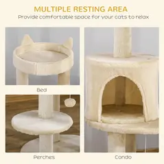 PawHut 104 cm Cat Tree, Cat Condo Tree Tower, Cat Activity Centre with Scratching Posts, Plush Perches, Hanging Ball - Cream White - 4