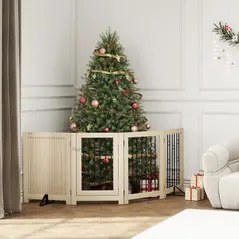 PawHut 4 Panel Freestanding Pet Gate, Indoor Dog Barrier with Lockable Door, Support Feet, 360° Flexible Hinges, Oak - 9