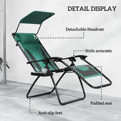 Outsunny Zero Gravity Lounger Chair, Folding Reclining Patio Chair with Shade Cover, Padded Seat, Cup Holder, Soft Cushion and Headrest for Poolside, Camping, Green - 5