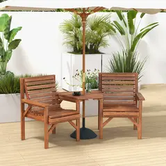 Outsunny Wooden Garden Love Seat w/ Coffee Table Umbrella Hole, Tan Brown - 2