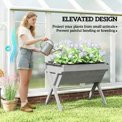 Outsunny Wooden Raised Garden Bed with Bed Liner, Elevated Planter Box with Legs, Light Grey - 4