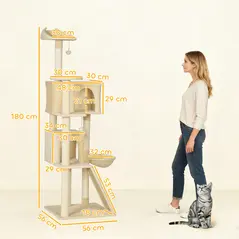 PawHut 180cm Large Cat Tree Tower with Sisal Scratching Posts, Condos, Plush Perches, Hammock, Ladder, Beige - 3