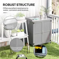 Outsunny Wooden Garden Shed, Garden Tool Storage Shed with Hinged Roof and Shelf, Outdoor Storage Cabinet with Double Doors, Grey - 7
