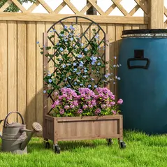 Outsunny Wooden Planter, with Metal Trellis - Brown/Black - 9