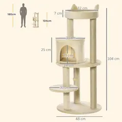 PawHut 104 cm Cat Tree, Cat Condo Tree Tower, Cat Activity Centre with Scratching Posts, Plush Perches, Hanging Ball - Cream White - 3