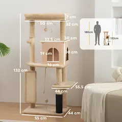PawHut 132cm Cat Tree w/ Scratching Posts, Pad, Cat Bed, Cat House, Jumping Platform, Grooming Brush, Anti-Tip Kit, Beige - 3