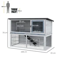 PawHut 2-Tier Wooden Rabbit Hutch Guinea Pig House Bunny Cage Backyard w/ Openable Roof Small Animal House for Outdoor Grey, 108 x 45 x 78 cm - 3