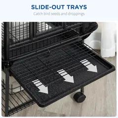 PawHut 156cm Bird Cage,Large Parrot Cage with Open Play Top, Perch, Seed Guard, Wheels, Storage Shelf, Dark Grey - 4